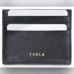 Furla Classic Credit Card Case Textured Leather In Black, New
